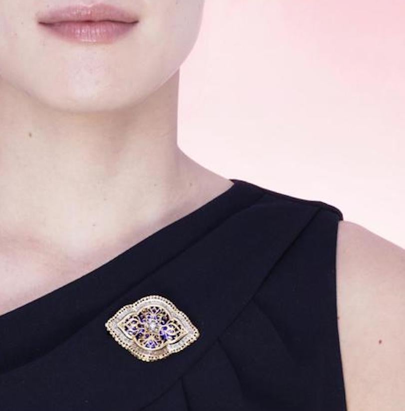 18 Karat Yellow and White Gold Enamel Rose Cut Diamond Brooch Pendant For Sale 1