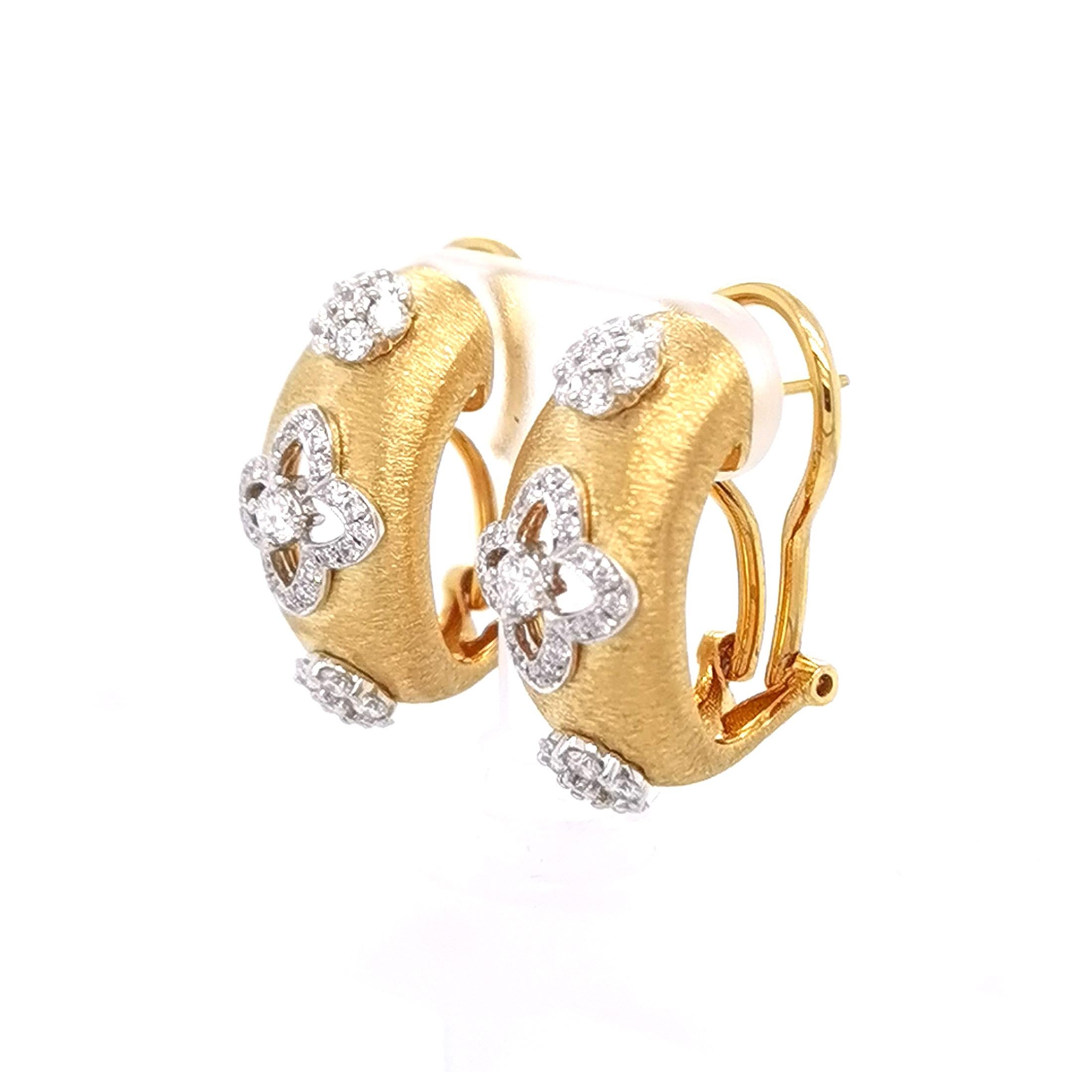 Artisan 18K Yellow & White Gold Flower Diamond Openwork Earrings in Florentine Finish