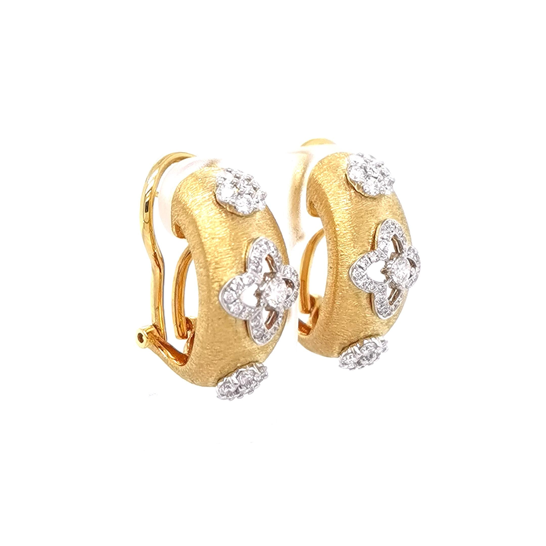 Round Cut 18K Yellow & White Gold Flower Diamond Openwork Earrings in Florentine Finish