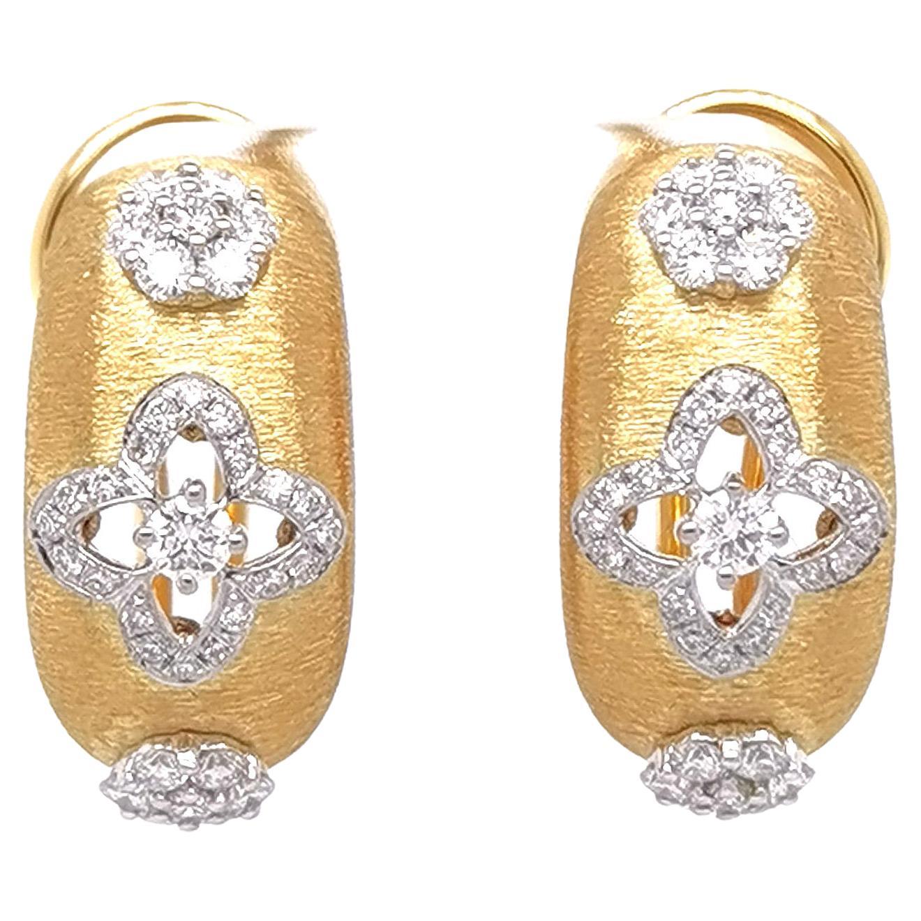 18K Yellow & White Gold Flower Diamond Openwork Earrings in Florentine Finish