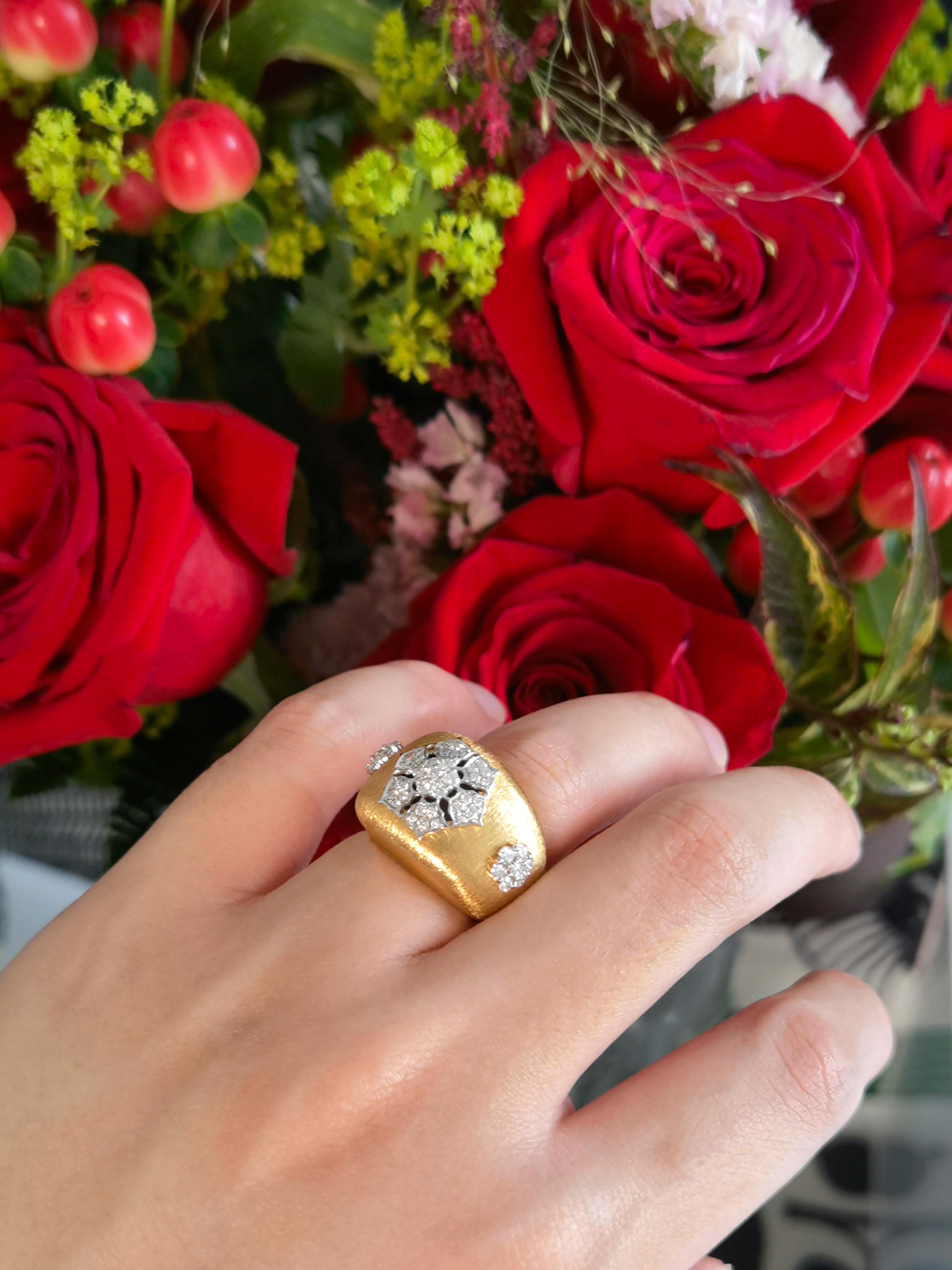 18K Yellow & White Gold Flower Diamond Openwork Ring in Florentine Finish

51 Diamonds - 0.66 CT
18K White Gold and Yellow Gold - 7.65 GM

The family-owned company, Althoff Jewelry, has one mission – create elegant, luxurious and graceful pieces.