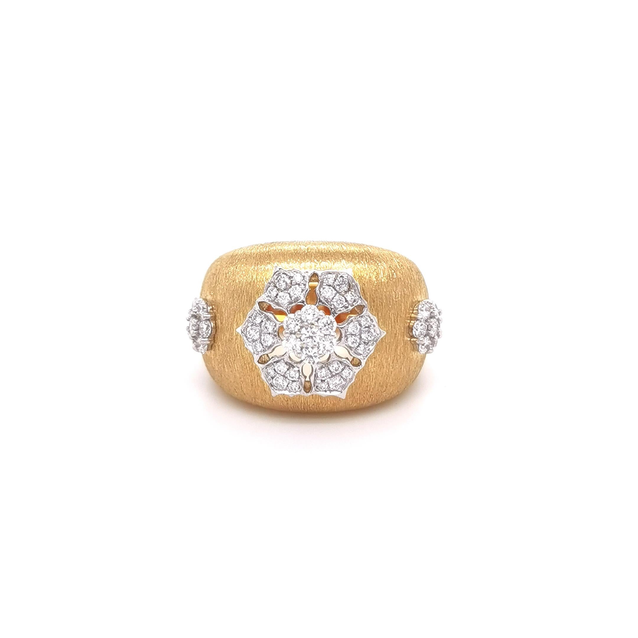 Artisan 18K Yellow & White Gold Flower Diamond Openwork Ring in Florentine Finish