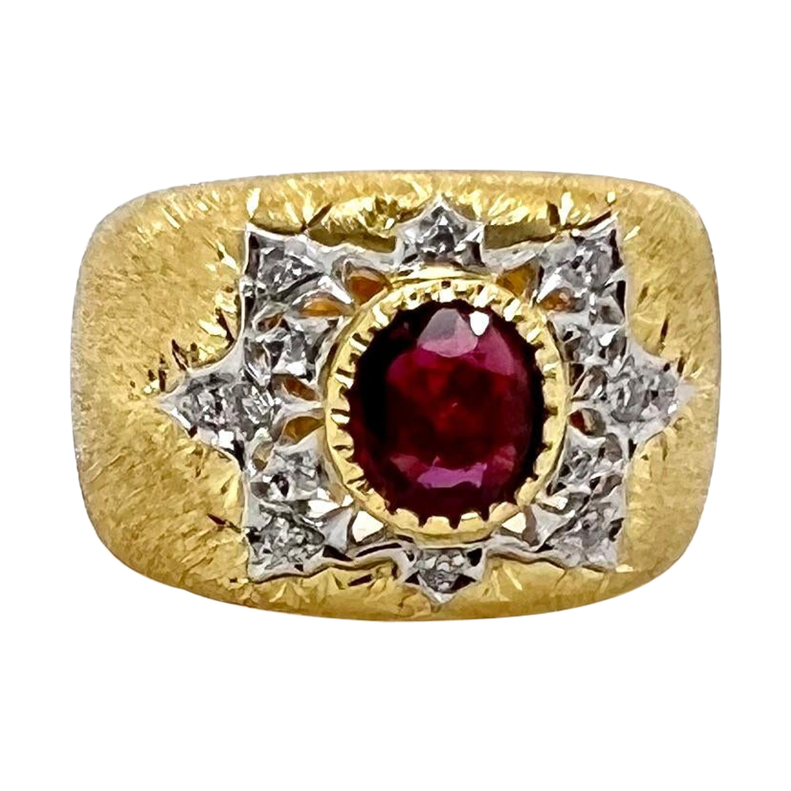 Handgefertigtes Band aus 18 Karat Gelb- und Weißgold mit unerhitztem Rubin und Diamanten im Angebot
