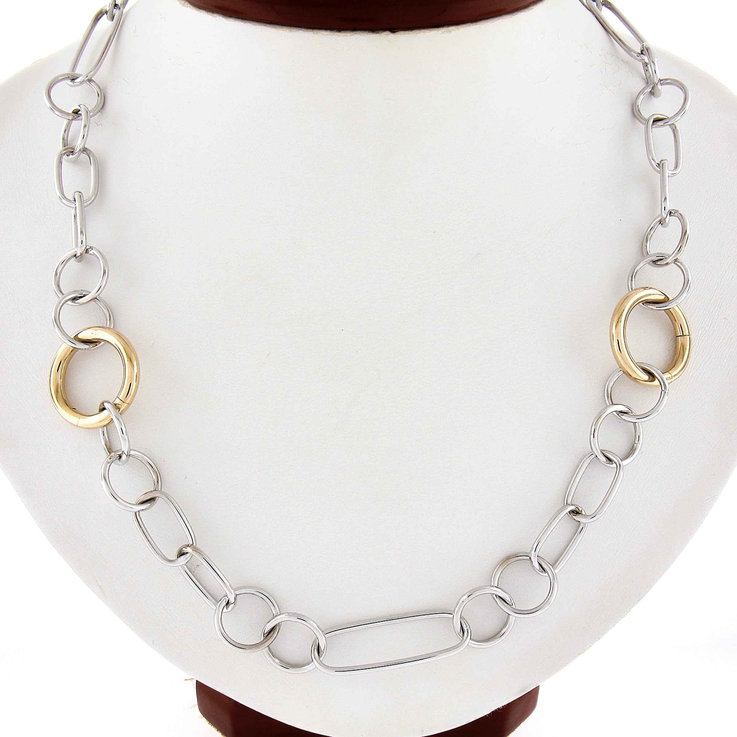 Here we have a magnificent solid 18k yellow and white gold stylish open work necklace! The Round Yellow gold links open to help adjust the length of the necklace shorter or wear as a bracelet. Well made and well thought out piece of super versatile