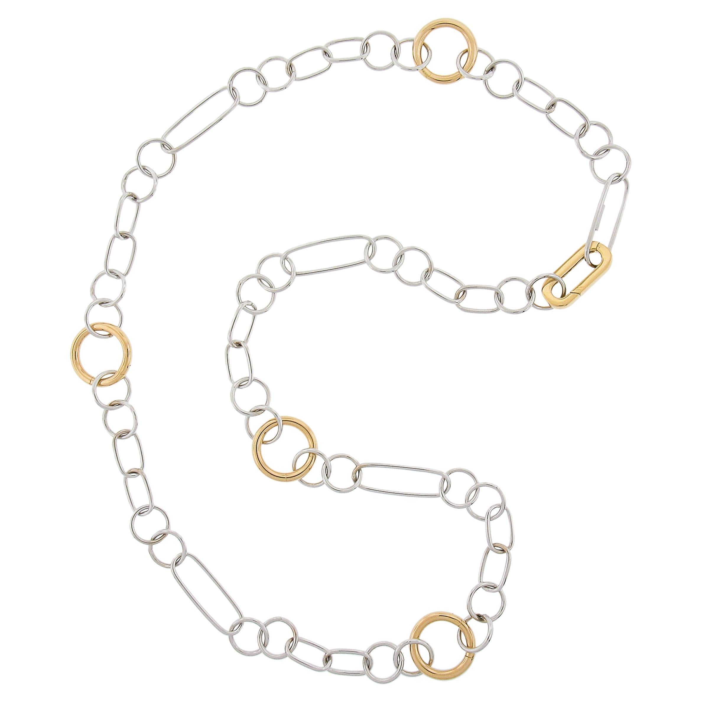18K Yellow & White Gold Long 27" Polished Open Link Chain Necklace or Bracelet For Sale