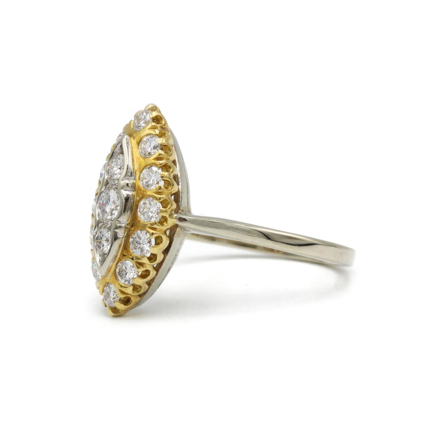Make a refined statement with this exquisite 18K two-tone gold marquise cluster ring, masterfully set with fifteen brilliant-cut G-color, VS-clarity diamonds totaling approximately 1.45 cts. The elongated, navette-shaped head features a white-gold