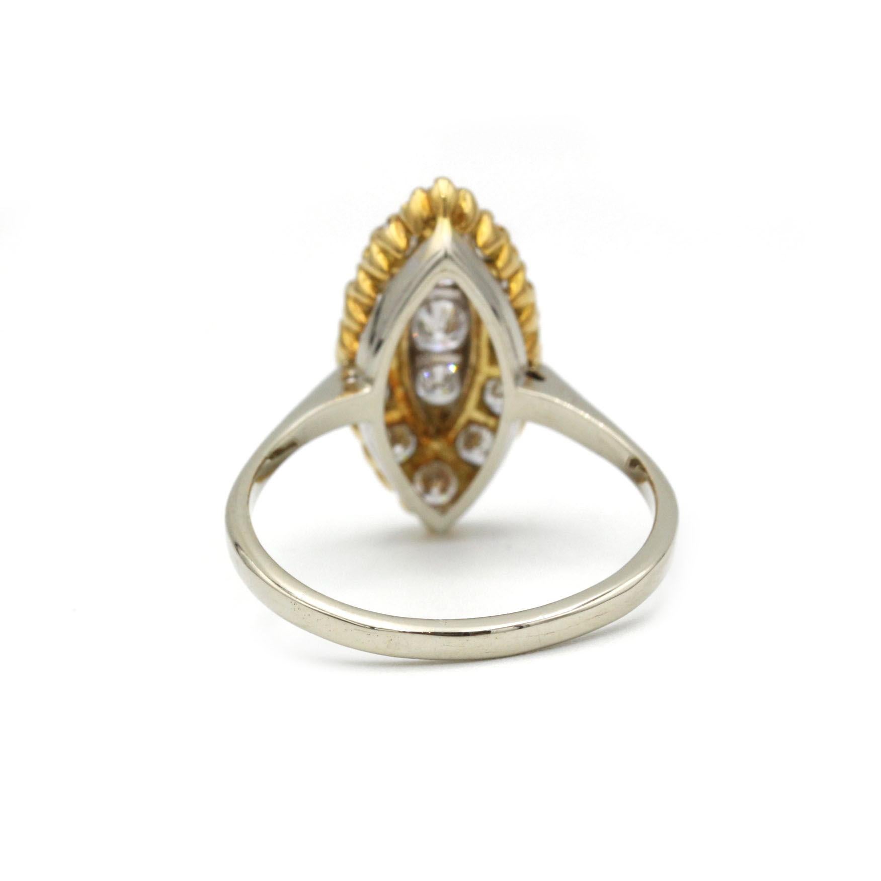 18K Yellow & White Gold Marquise Diamond Cluster Ring – 1.45 ct G VS Diamonds In Good Condition For Sale In MONTMORENCY, FR