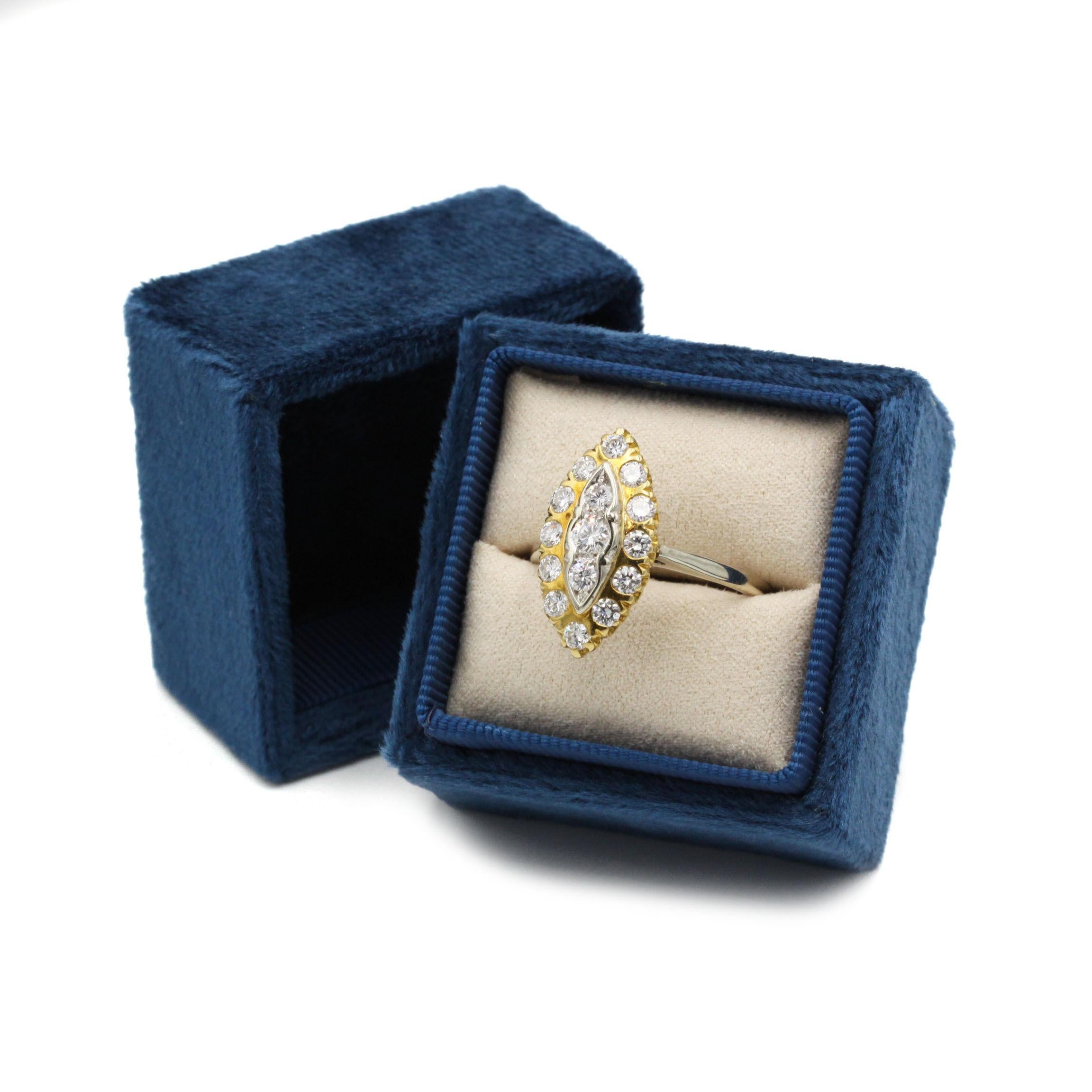 Women's 18K Yellow & White Gold Marquise Diamond Cluster Ring – 1.45 ct G VS Diamonds For Sale