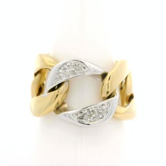 18k Yellow & White Gold Pave Diamond Center Curb Cuban Link Band Ring Sz 9
