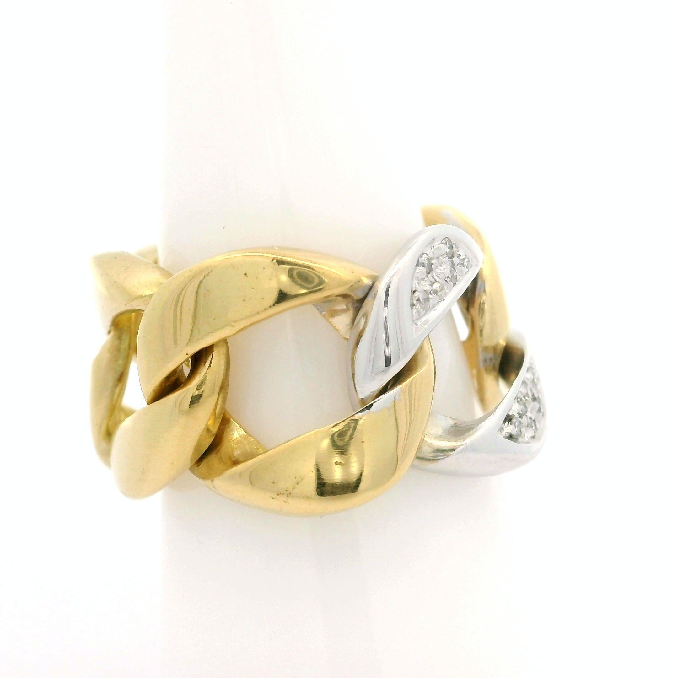 Single Cut 18k Yellow & White Gold Pave Diamond Center Curb Cuban Link Band Ring Sz 9 For Sale
