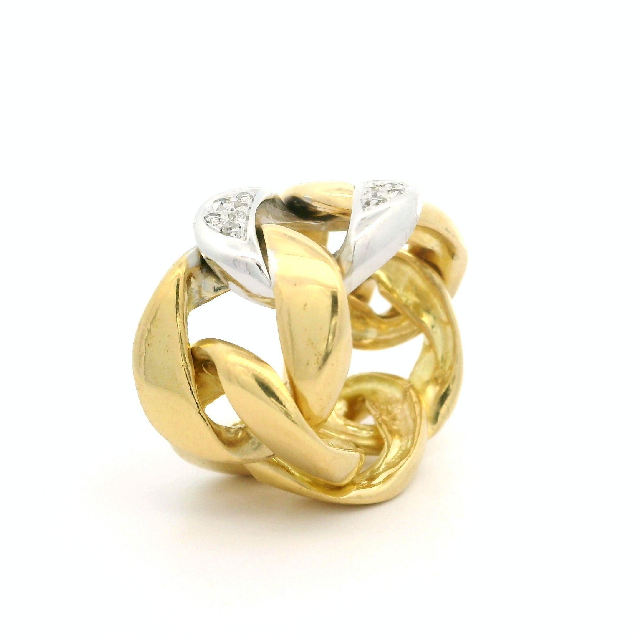 18k Yellow & White Gold Pave Diamond Center Curb Cuban Link Band Ring Sz 9 For Sale 2