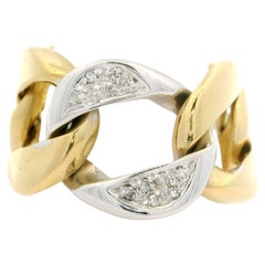 18k Yellow & White Gold Pave Diamond Center Curb Cuban Link Band Ring Sz 9