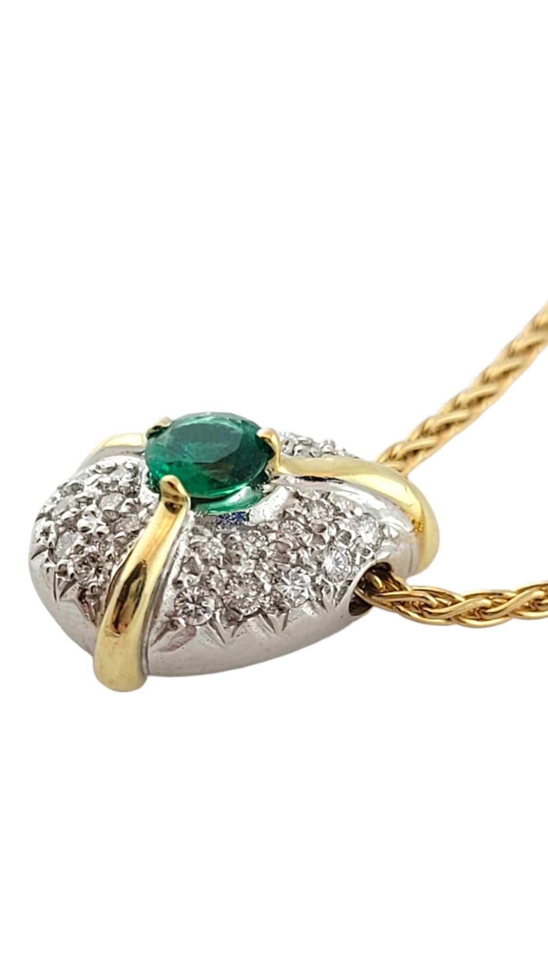 Round Cut 18K Yellow & White Gold Pave Diamond & Emerald Pendant Necklace #16246 For Sale
