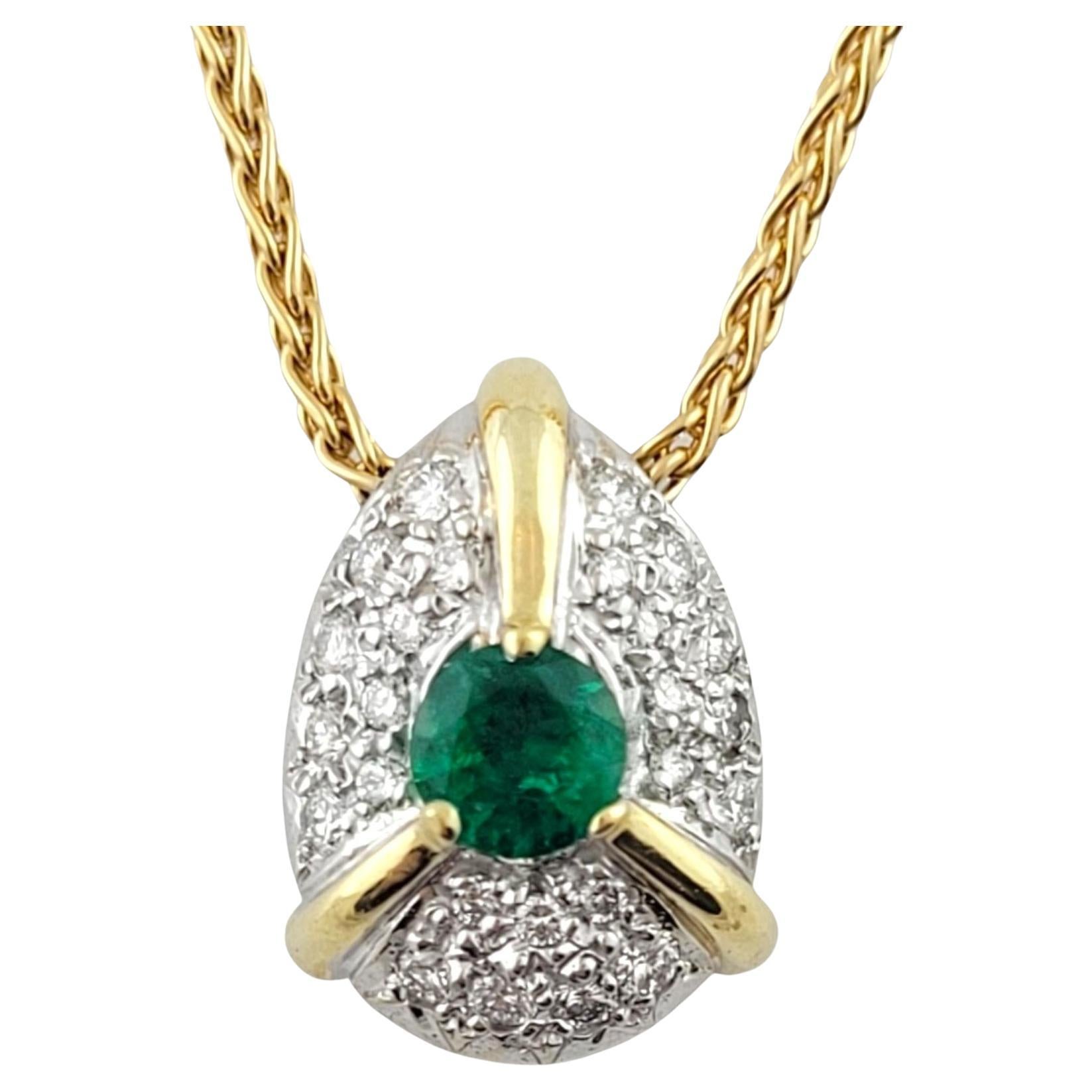 18K Yellow & White Gold Pave Diamond & Emerald Pendant Necklace #16246 For Sale