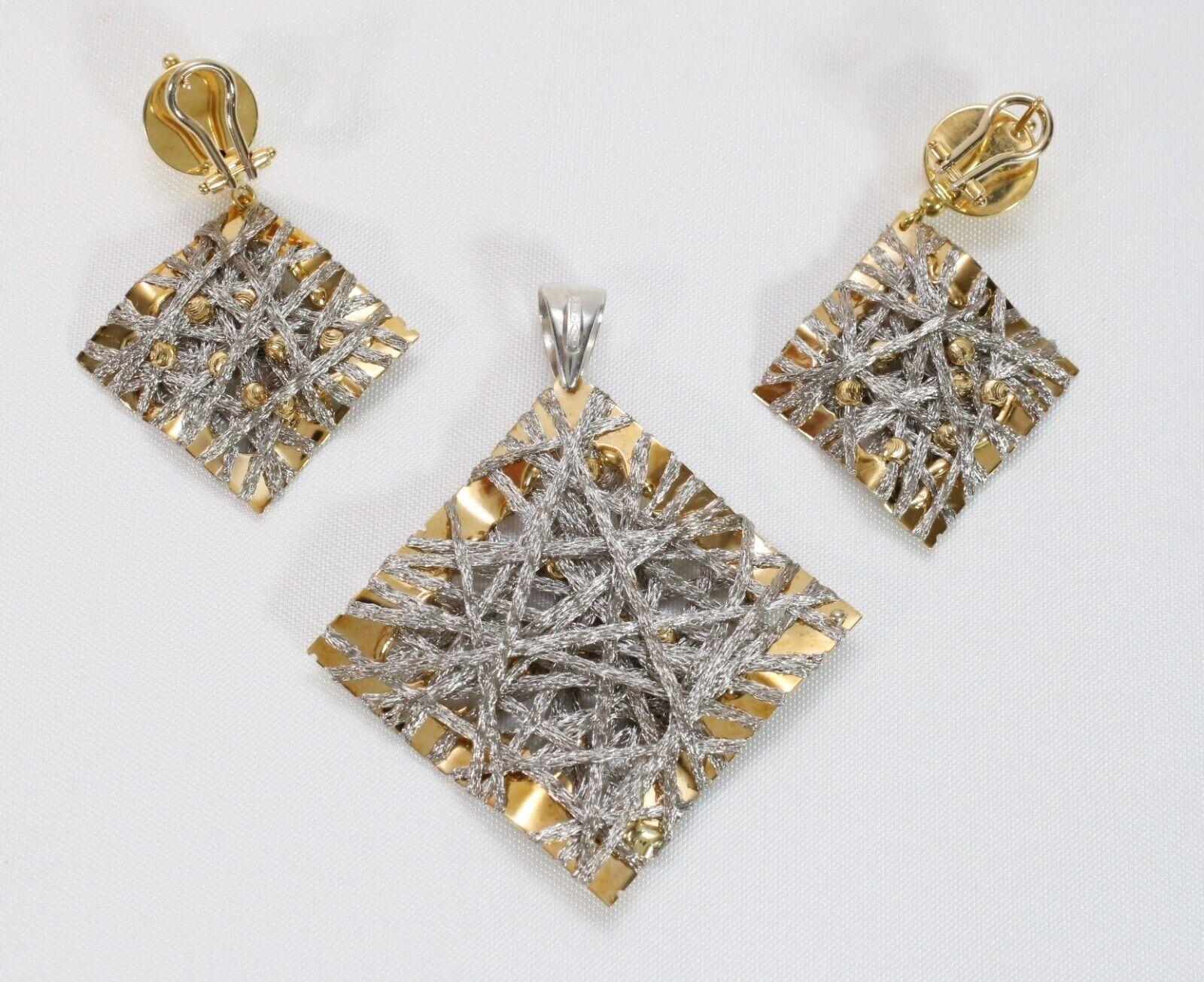 This stunning pendant and earrings set is the perfect addition to any jewelry collection. Crafted from high quality 18k yellow and white gold, this set features a beautiful dangle/drop style with clip-on closures for comfortable wear. The set is