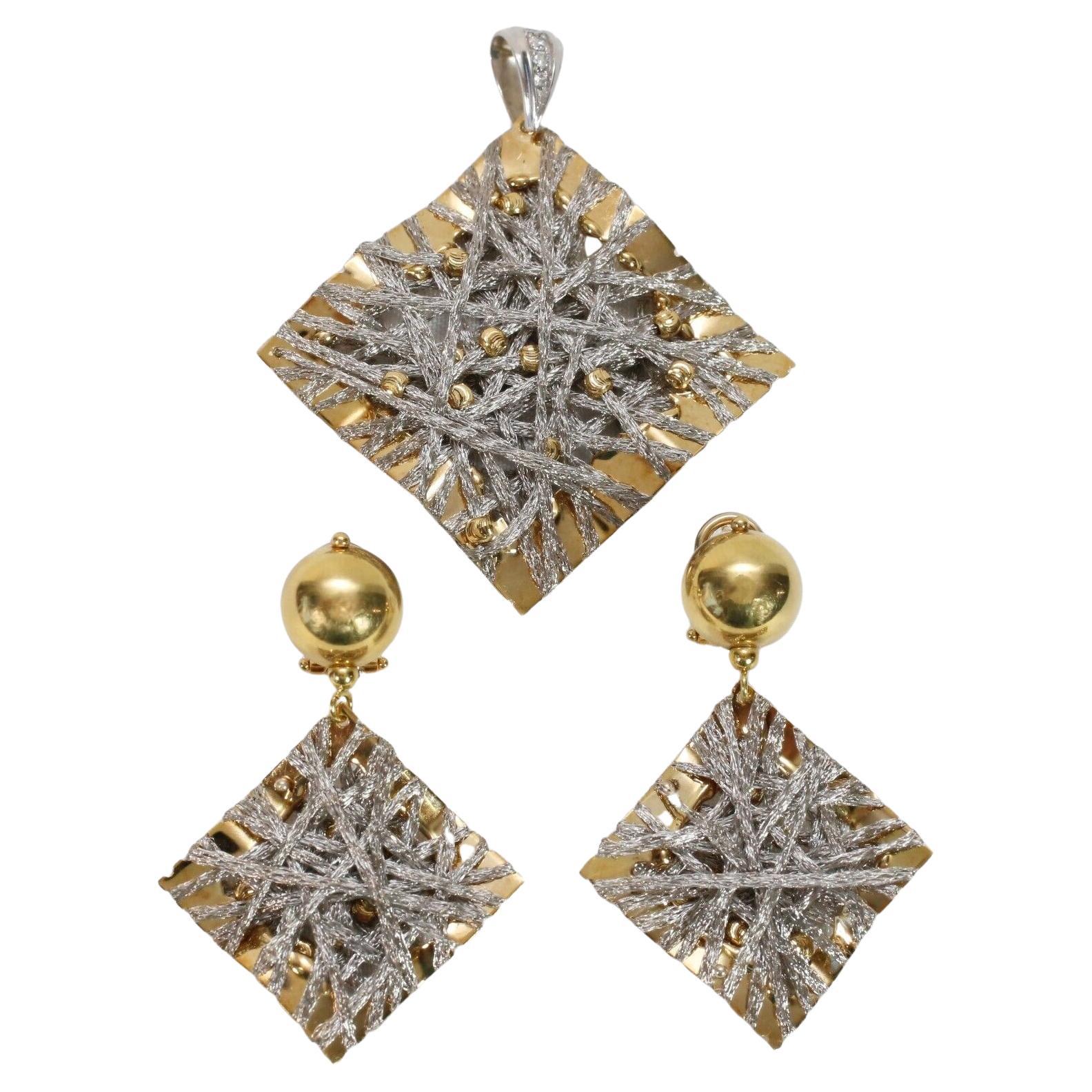 18k Yellow & White Gold Pendant & Earring Set, 27.0g For Sale