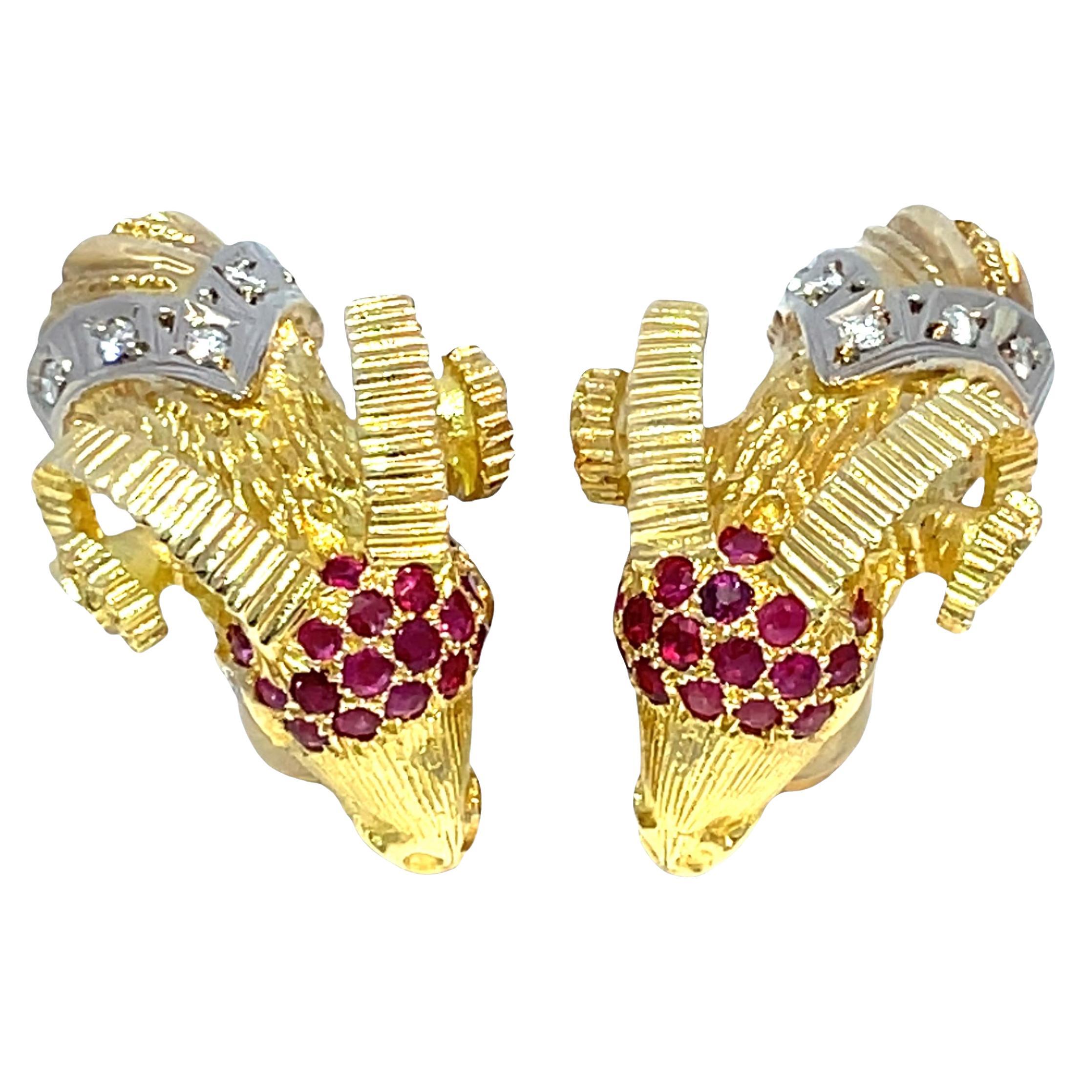 18K Yellow 
White Gold Ram’s Head Lever-Back Earrings Set with Ruby and Diamond