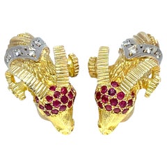 18K Yellow 
White Gold Ram’s Head Lever-Back Earrings Set with Ruby and Diamond