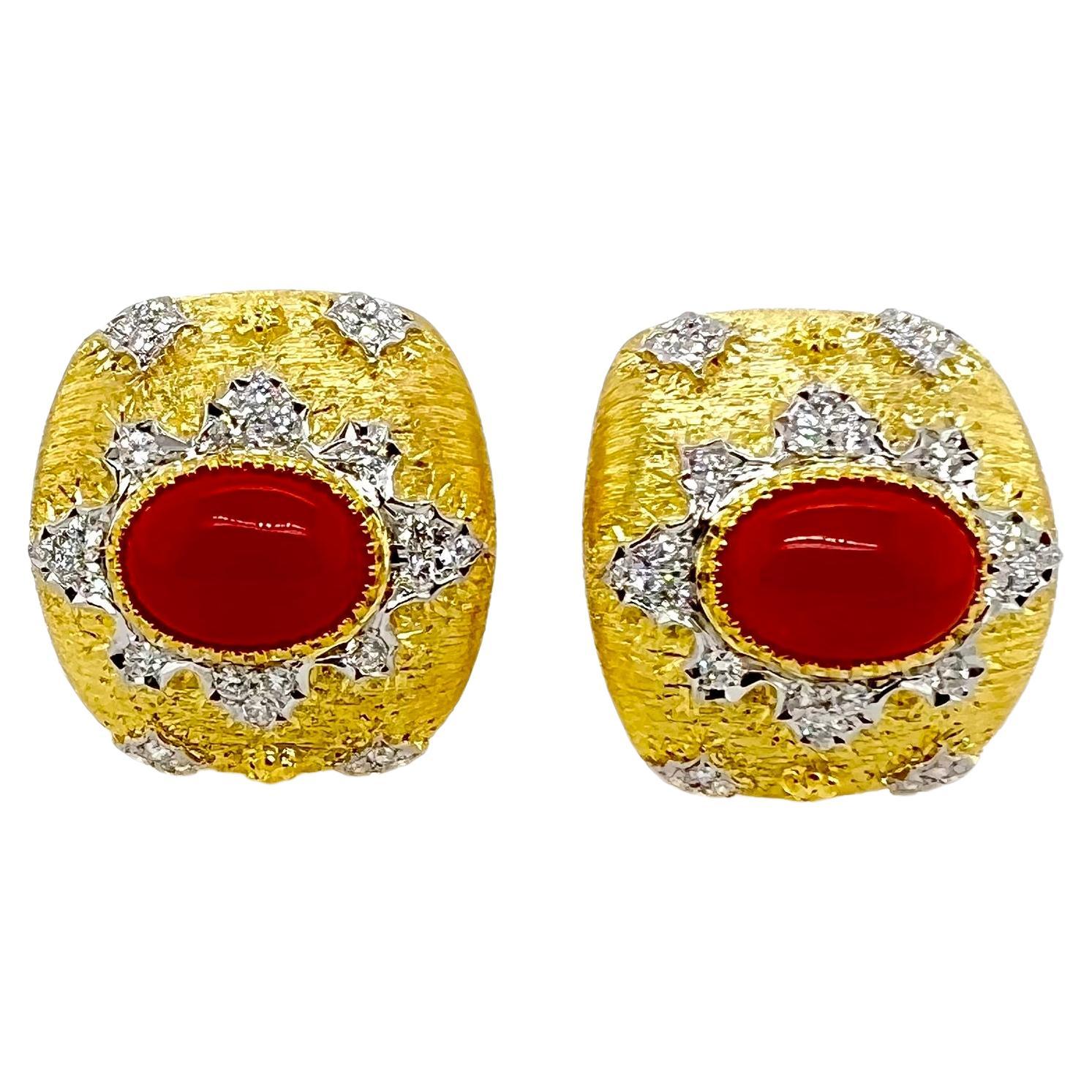 18k Yellow & White Gold Red Coral Earrings with Diamonds