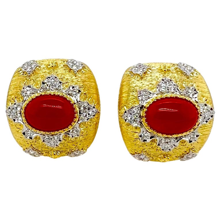 18k Yellow and White Gold Red Coral Earrings with Diamonds For
