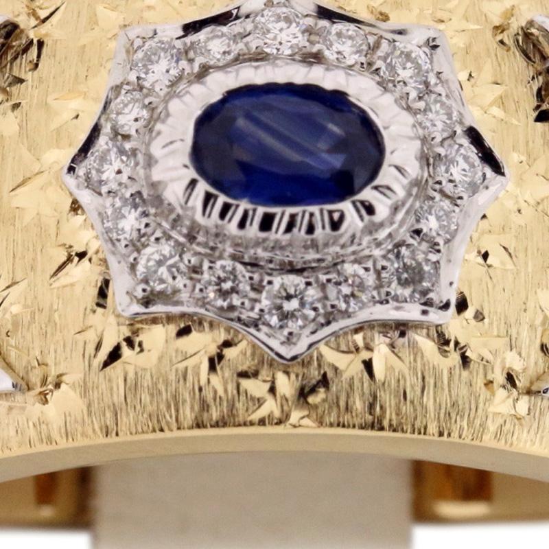 18K Yellow & White Gold Retro Style Sapphire Diamond Ring in Florentine Finish 2