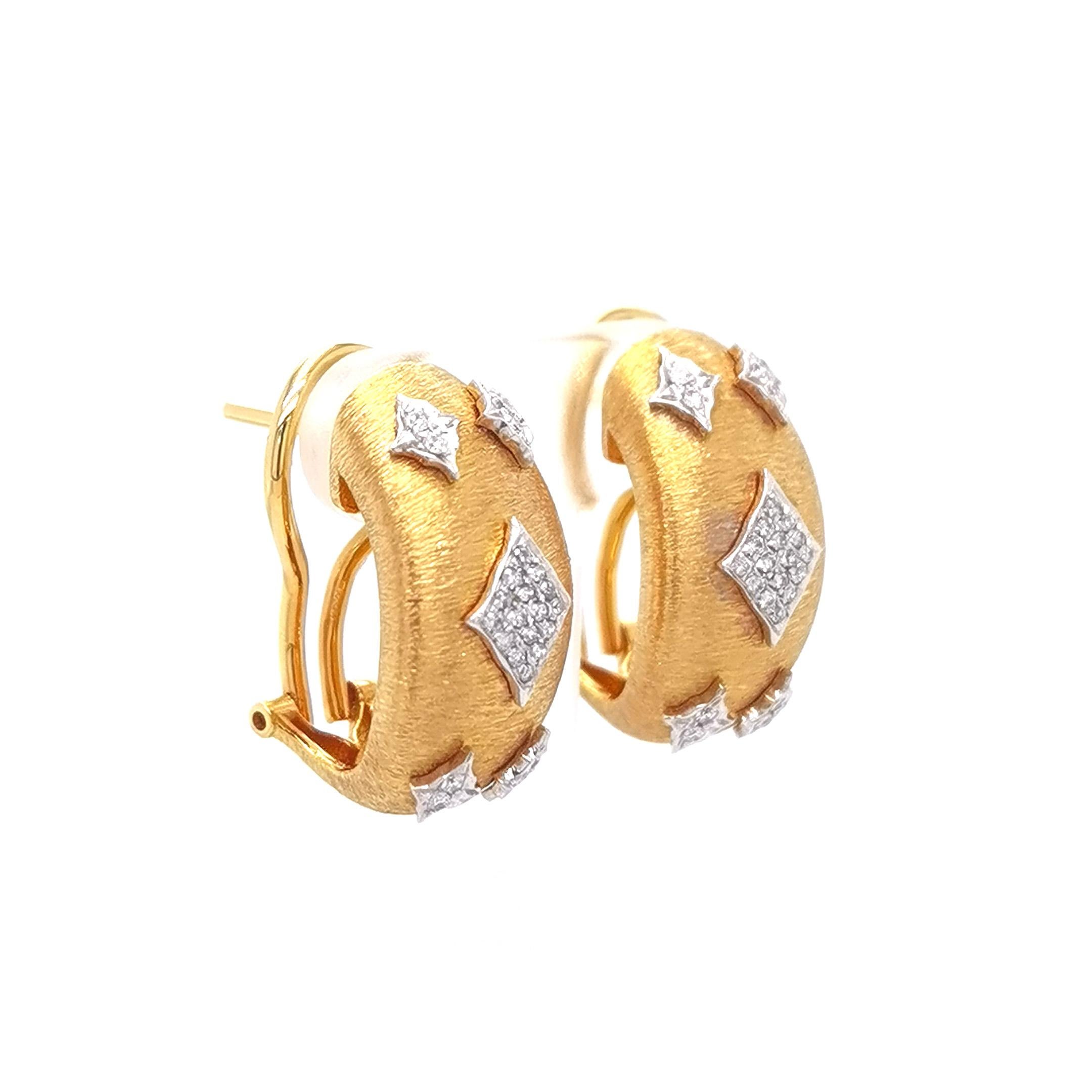 Round Cut 18K Yellow & White Gold Rhombus Diamond Earrings in Florentine Finish