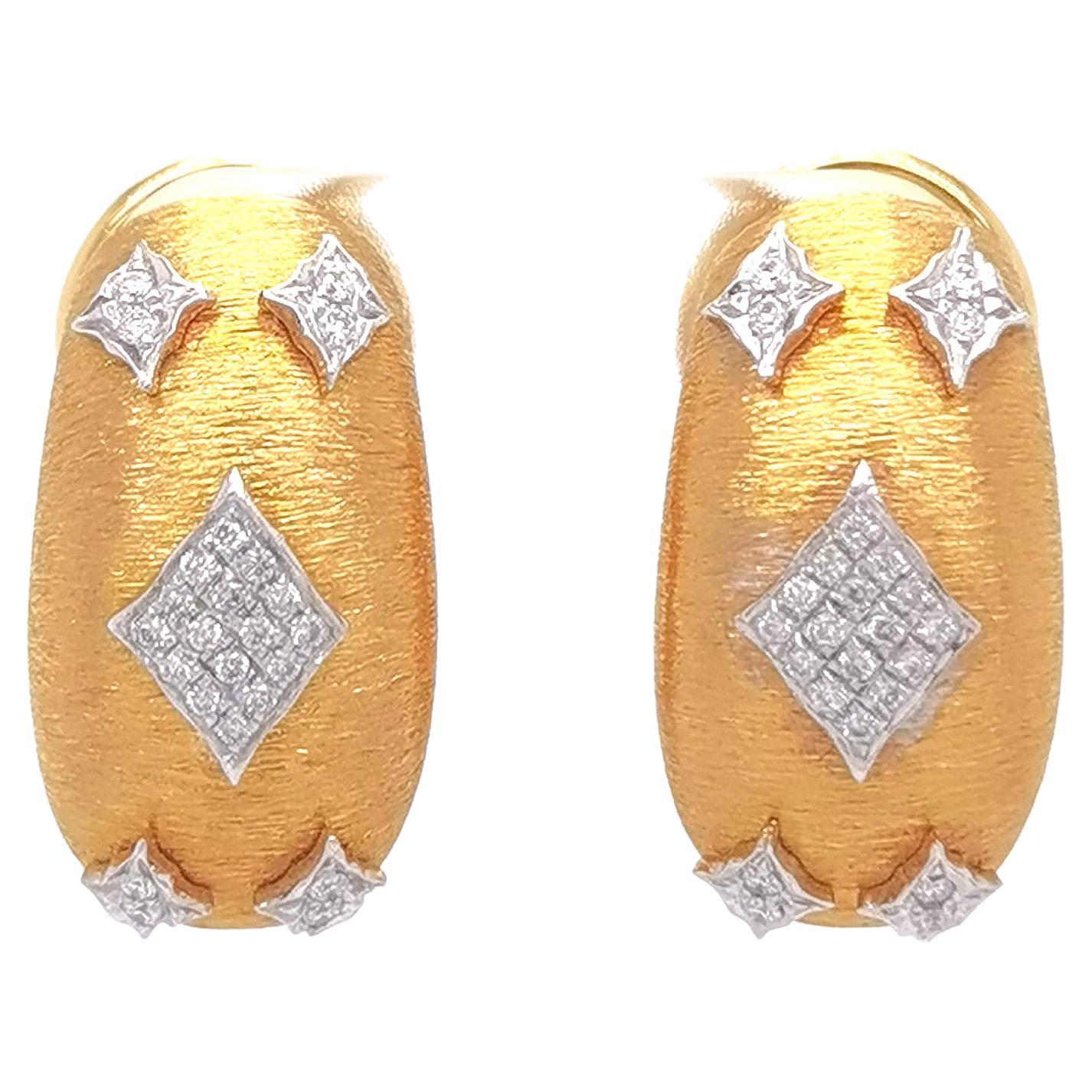 18K Yellow & White Gold Rhombus Diamond Earrings in Florentine Finish