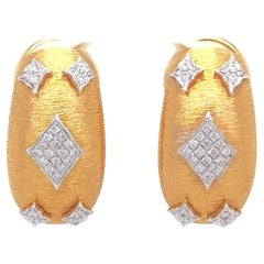 18K Yellow & White Gold Rhombus Diamond Earrings in Florentine Finish