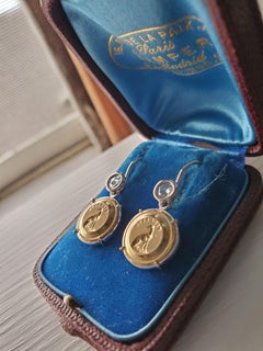 18K Yellow & White Gold, Rose Cut Diamonds & Antique Faithful Intaglio Earrings