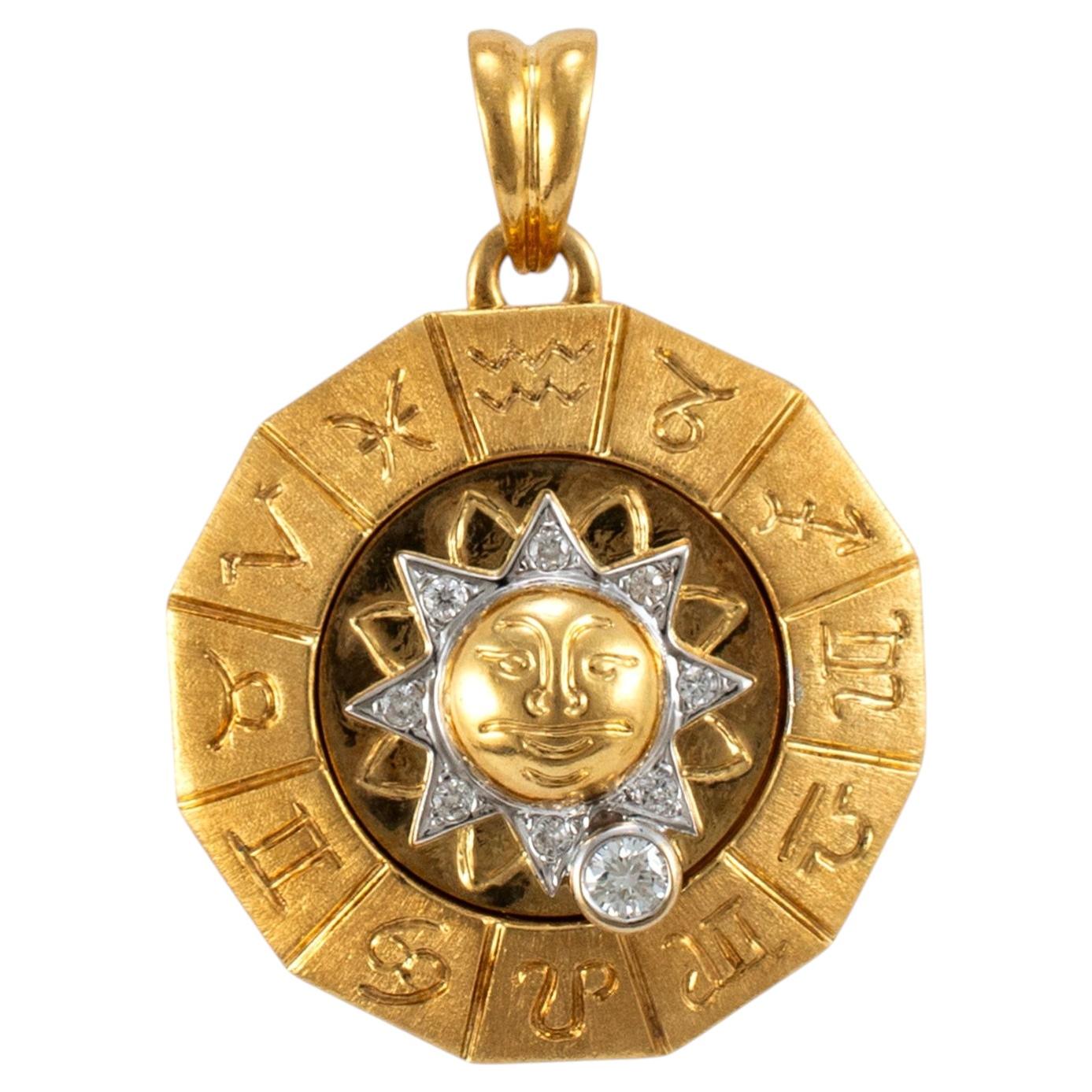 18K Yellow & White Gold Rotating Zodiac Sign Diamond Sun Motif Medal Pendant