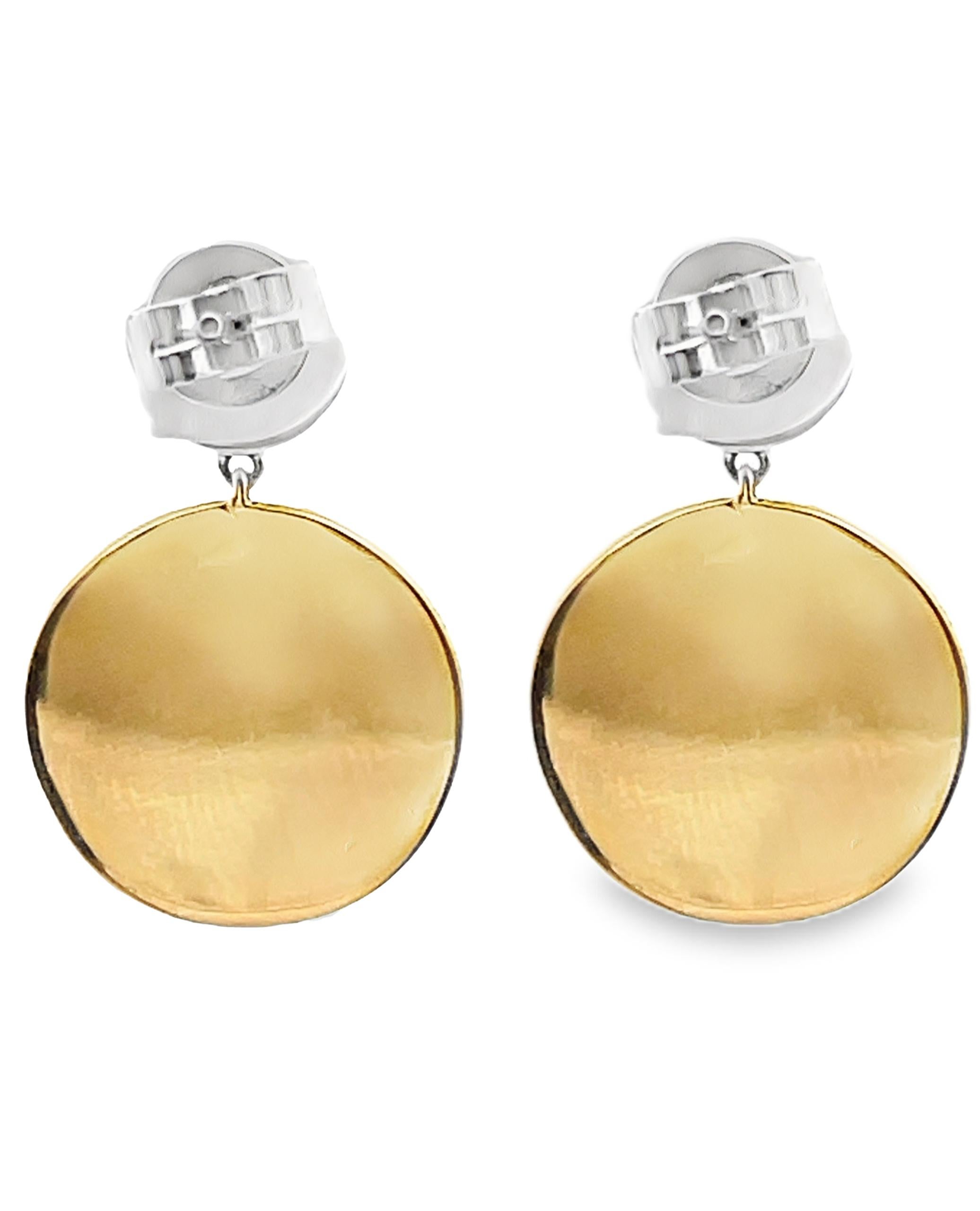 Orecchini a goccia circolari in oro giallo e bianco 18 carati con diamanti e brillantini In condizioni Nuovo in vendita a Old Tappan, NJ