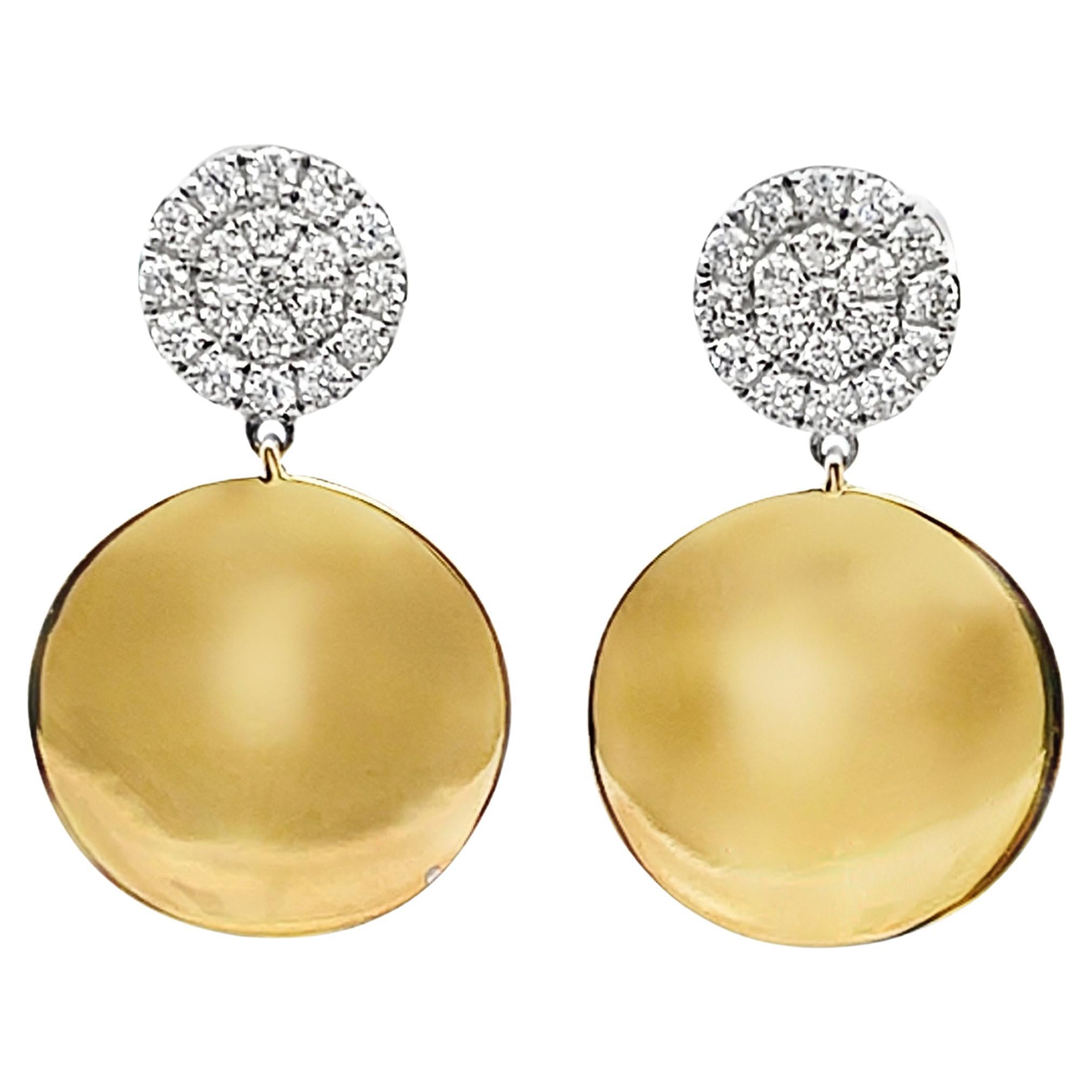 Pendientes de Gota Circulares de Oro Amarillo y Blanco de 18 K con Diamantes y Pushbacks