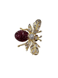 18K Yellow White Gold Ruby Diamond Articulated Wasp Brooch Certified #24360