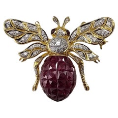 18K Yellow White Gold Ruby Diamond Articulated Wasp Brooch Certified #24360