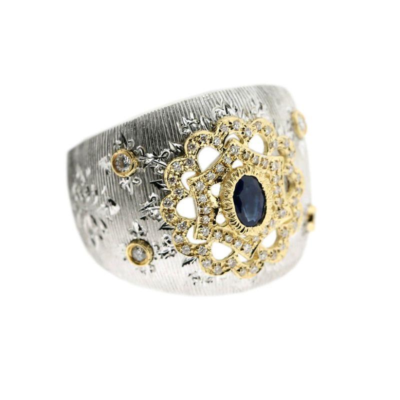 18K Yellow & White Gold Sapphire Openwork Diamond Ring in Florentine Finish 5