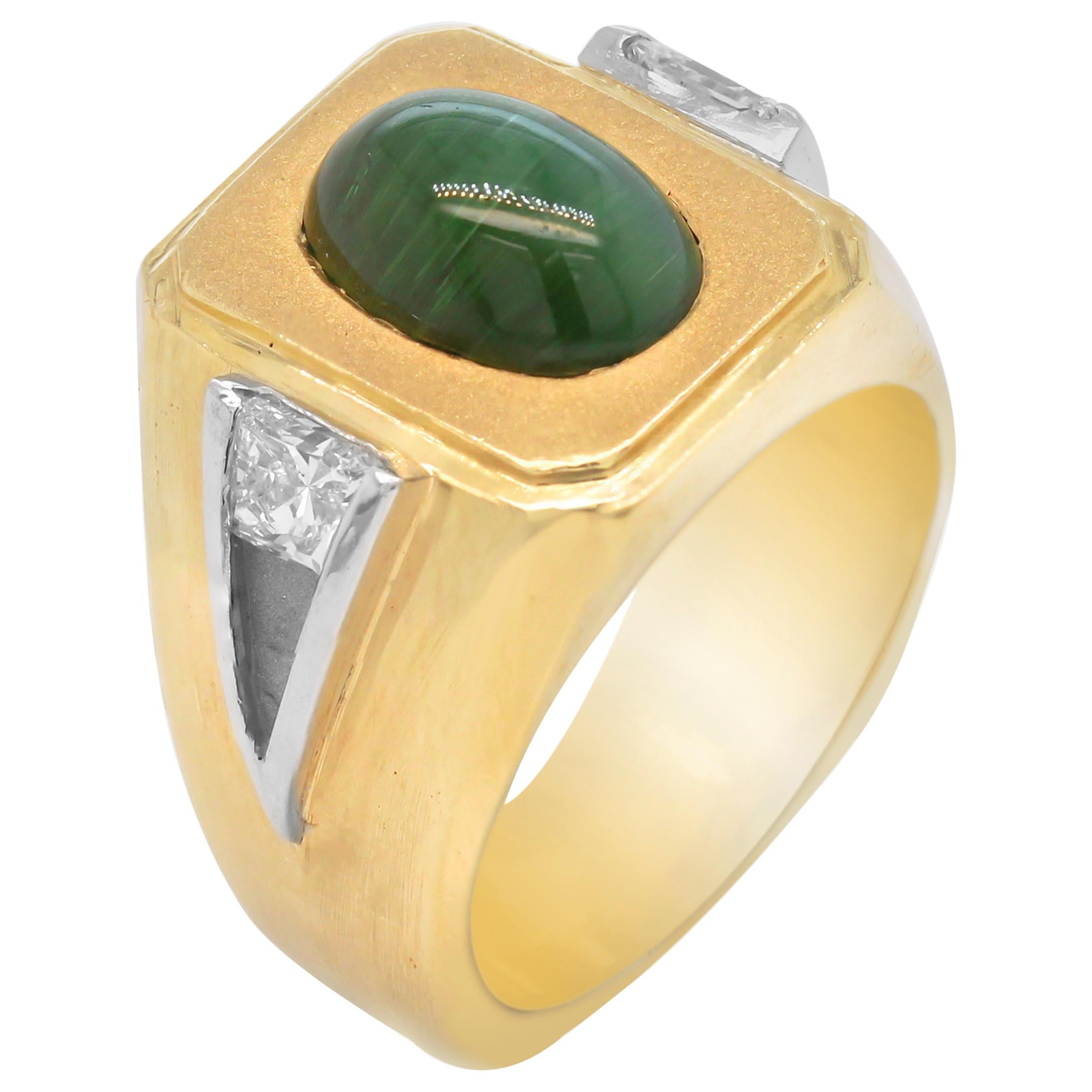 18K Yellow White Gold Trapezoid Cut Diamonds Cabochon Green Tourmaline Mens Ring