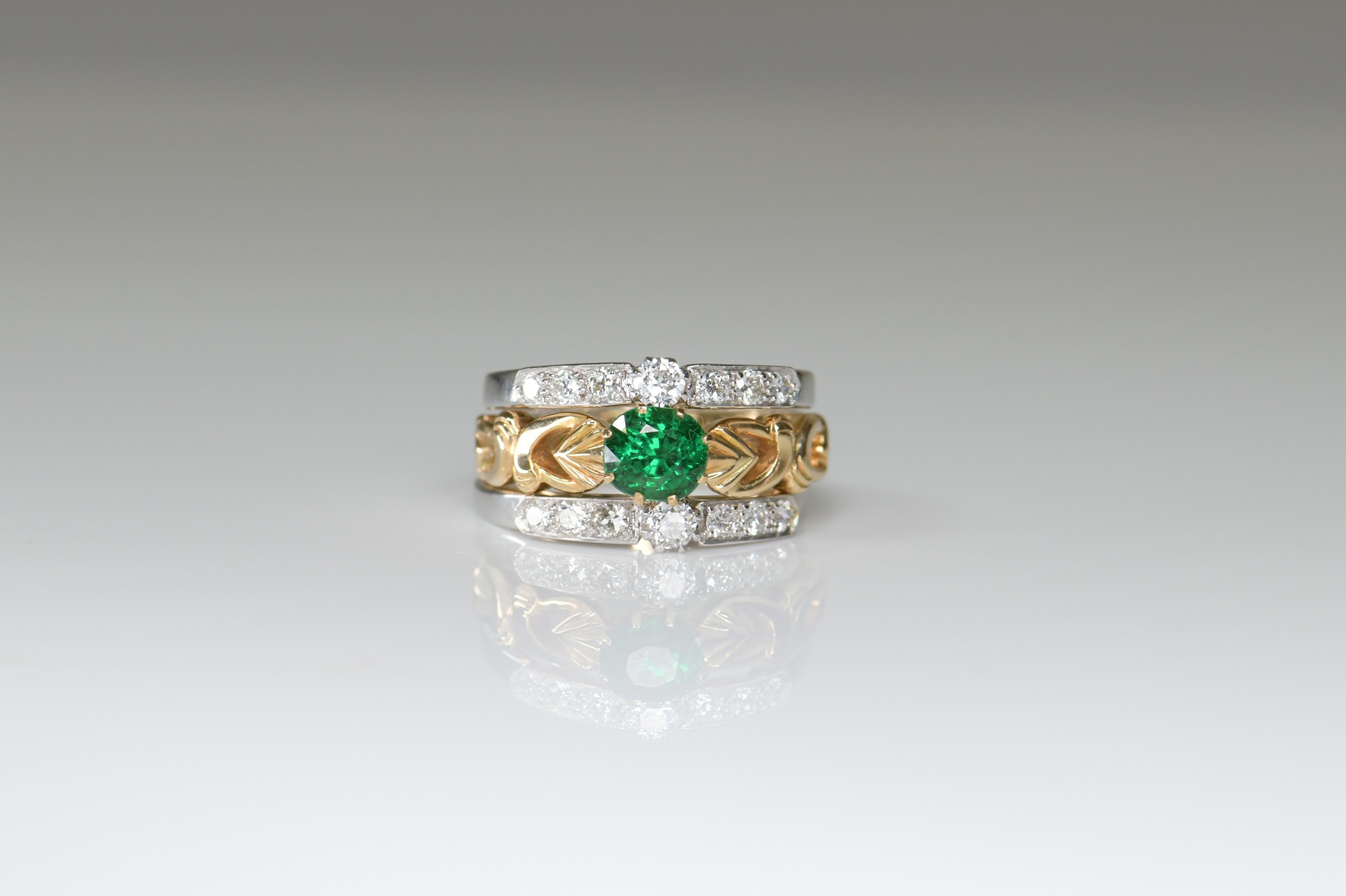 Dazzling three-ring set in 18K yellow and white gold
Top class Tsavorite has got a rich color and strong fire in the stone
1.5ct center Tsavorite stone
Diamond: 0.84 ct
Perfect condition
Size: N UK/ 6.5 US

We have many other fantastic pieces of