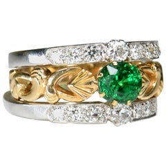 18 Karat Yellow White Gold Tsavorite and Diamond Three Ring Set