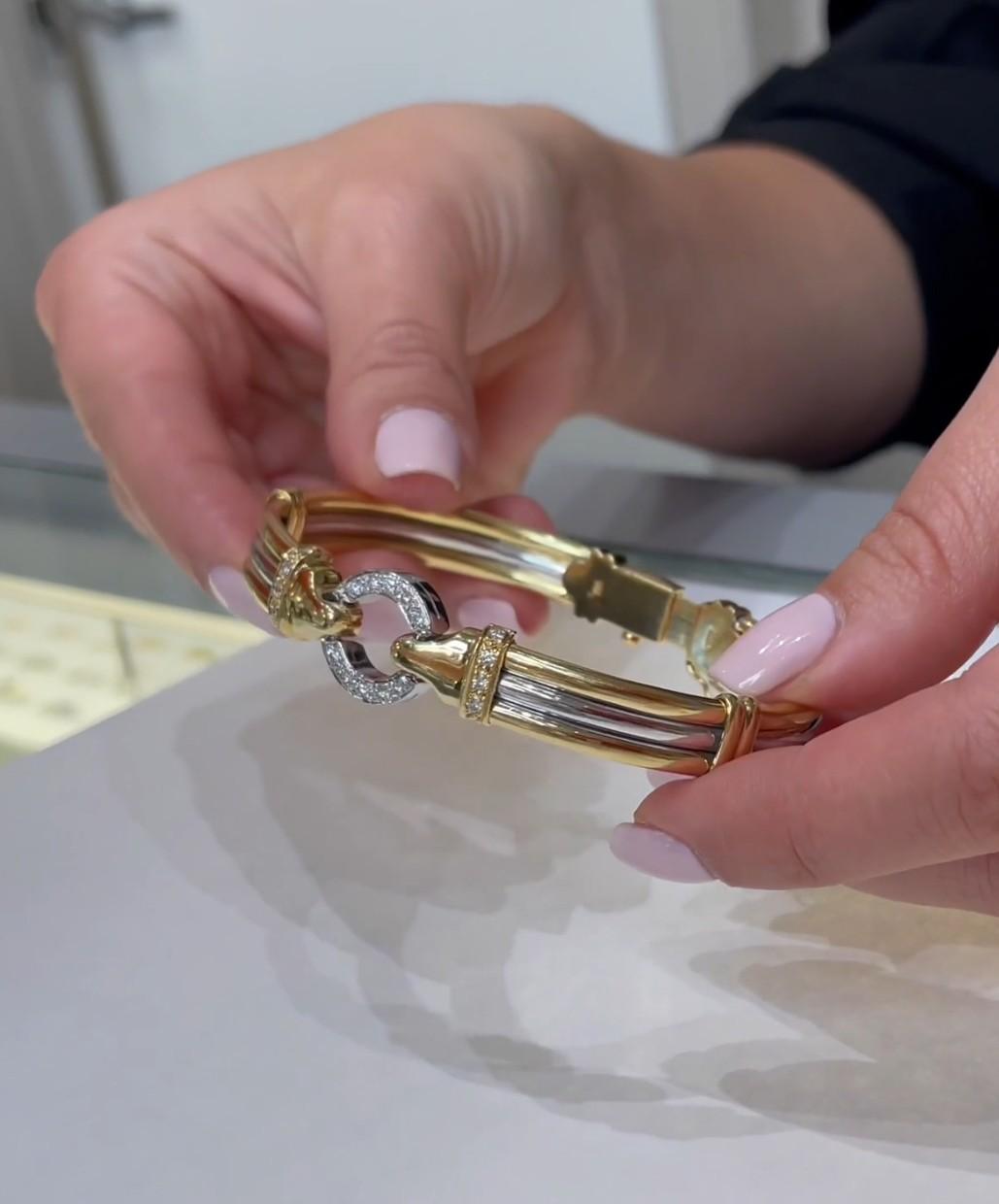 18K Yellow & White Gold Two Tone Multi Row Circle Bangle Bracelet with Diamonds In New Condition For Sale In Old Tappan, NJ