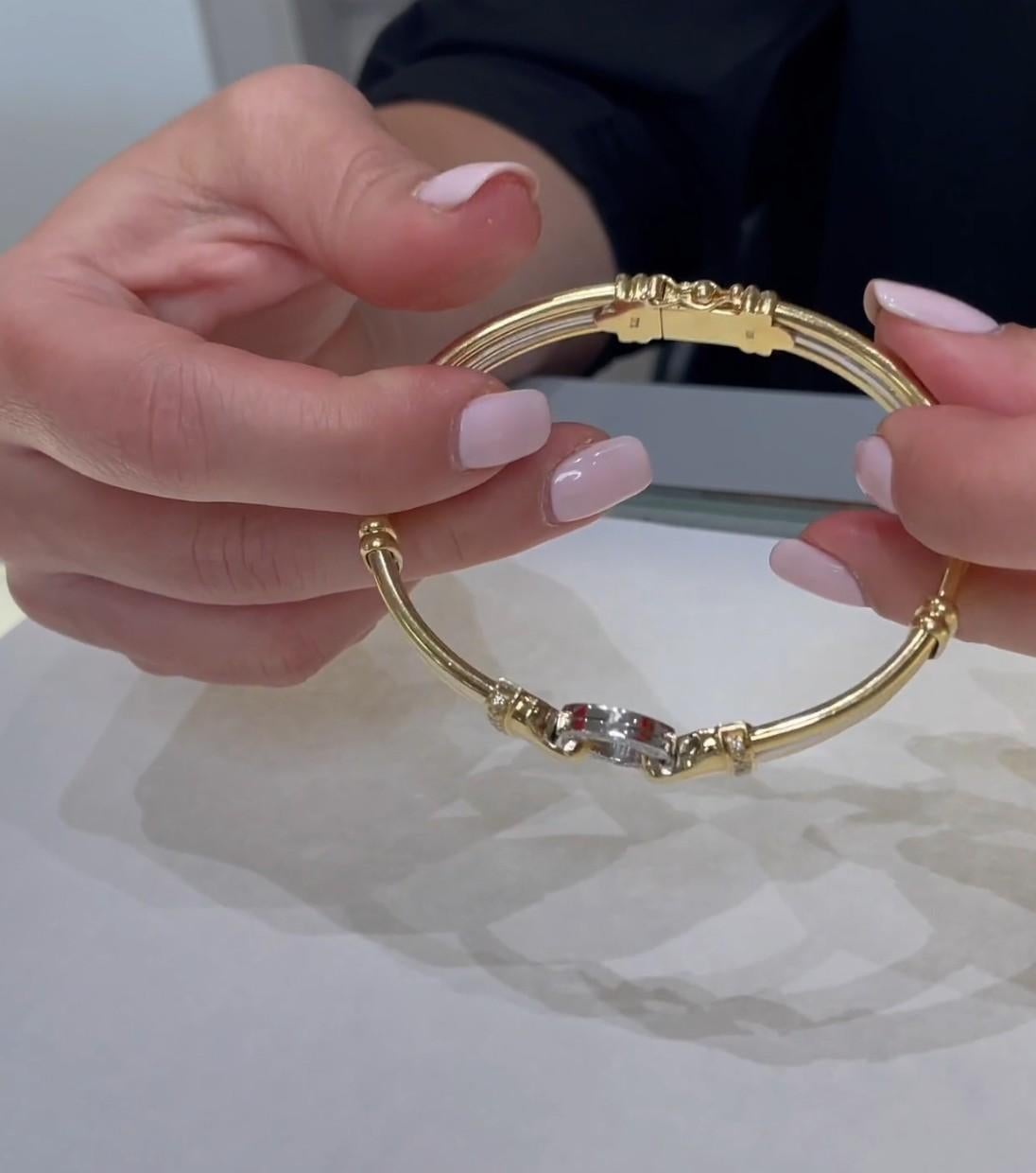 18K Yellow & White Gold Two Tone Multi Row Circle Bangle Bracelet with Diamonds For Sale 1