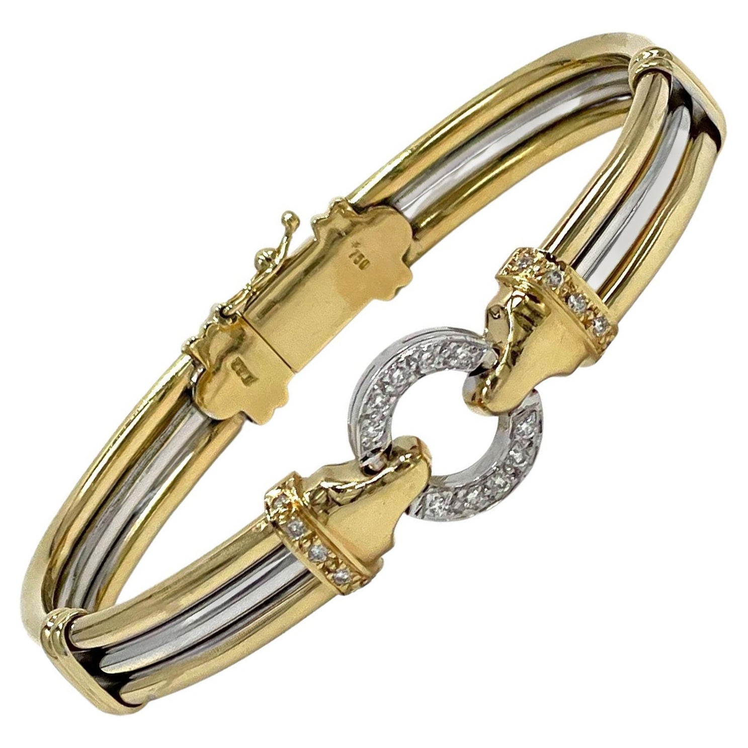 18K Yellow & White Gold Two Tone Three Row Circle Hinged Bangle Diamond Bracelet