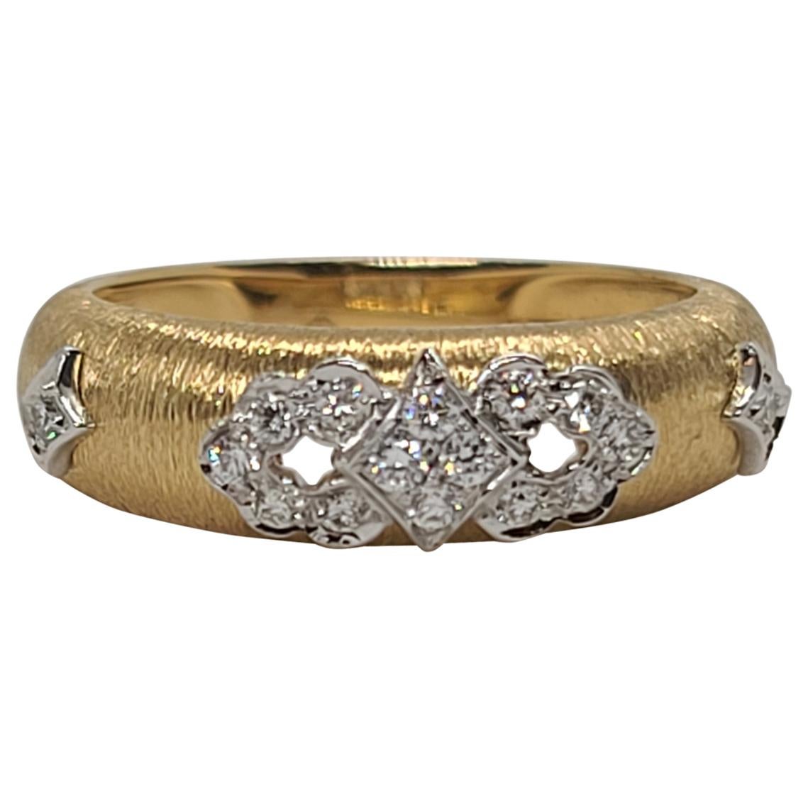 18K Yellow White Gold with Diamonds Cocktail Wedding Ring in Florentine Finish