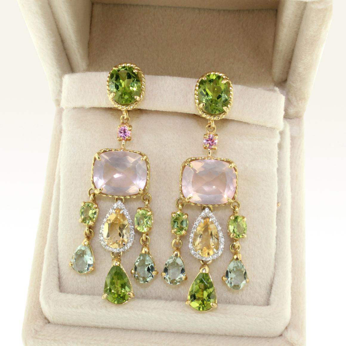 18k Yellow White Gold with Peridot Citrine Quartz Tourmaline Diamonds Earrings In New Condition For Sale In GALLARATE, IT