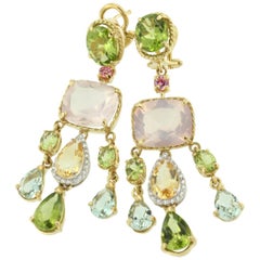 18k Yellow White Gold with Peridot Citrine Quartz Tourmaline Diamonds Earrings