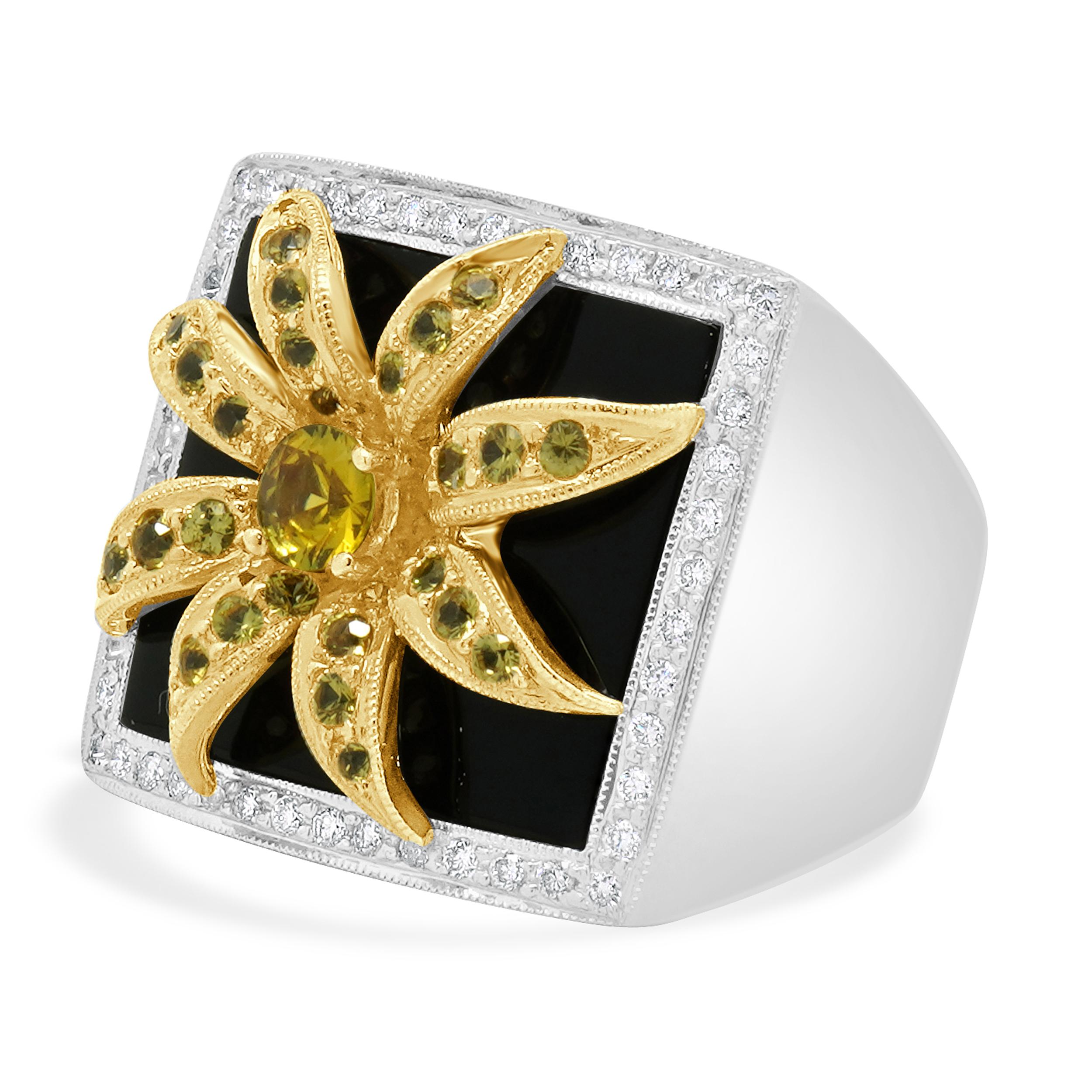 Material: 18K yellow & white gold
Diamond: round brilliant = 0.31cttw
Color: H / I
Clarity: SI1
Sapphire: round cut = 1.04cttw
Ring Size: 6.5 (please allow up to 2 additional business days for sizing requests)
Weight: 15.67 grams