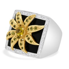 18K Yellow, White, Gold Yellow Sapphire, Diamond and Onyx Flower Ring