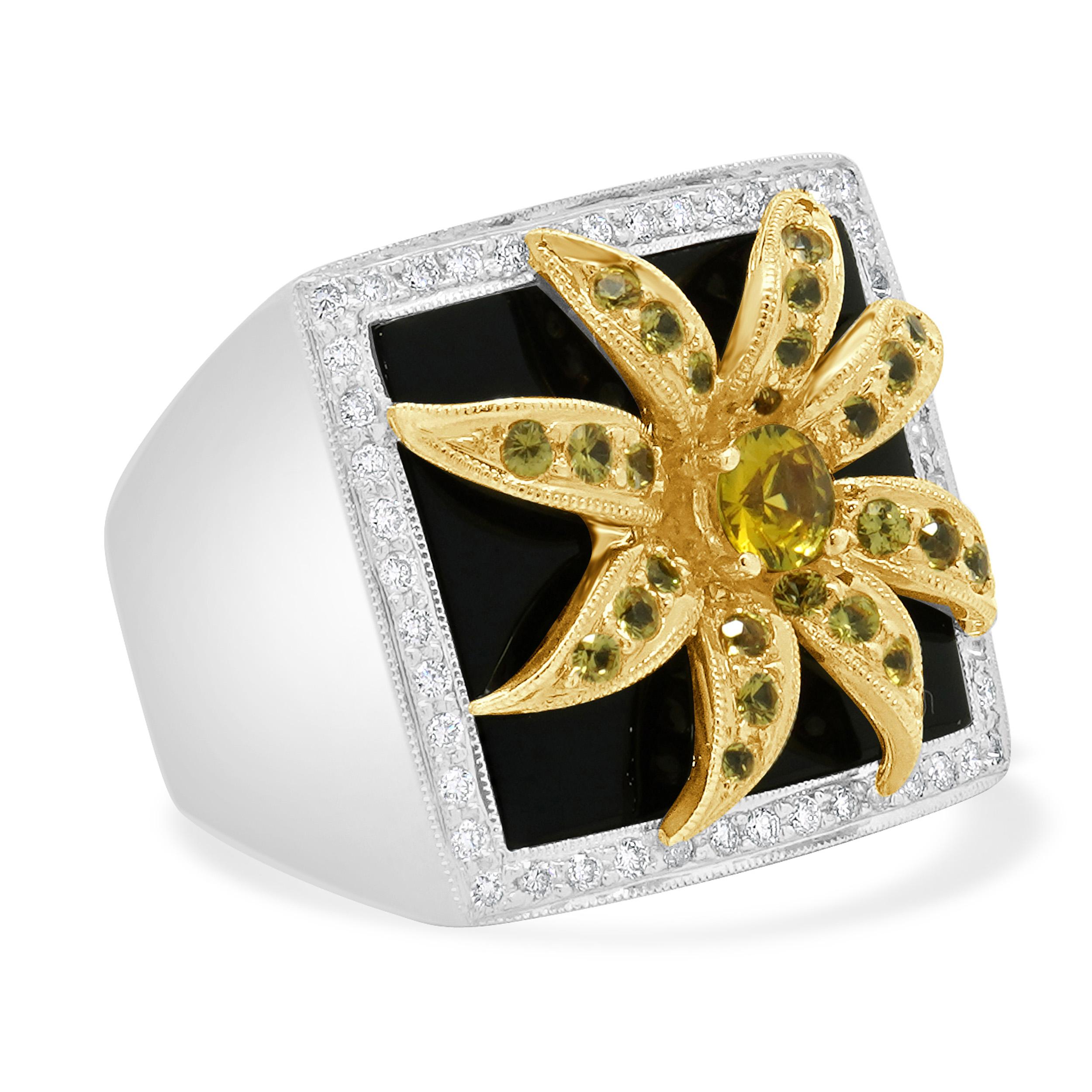 Round Cut 18K Yellow, White, Gold Yellow Sapphire, Diamond and Onyx Flower Ring For Sale