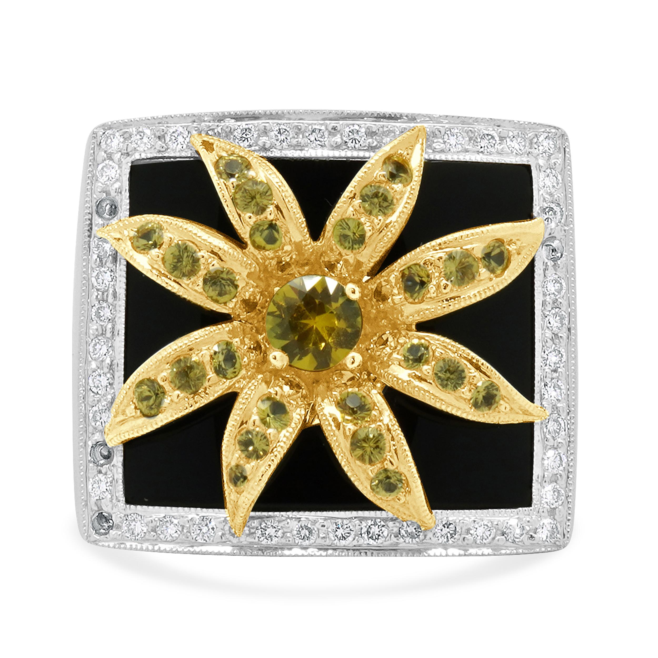 18K Yellow, White, Gold Yellow Sapphire, Diamond and Onyx Flower Ring