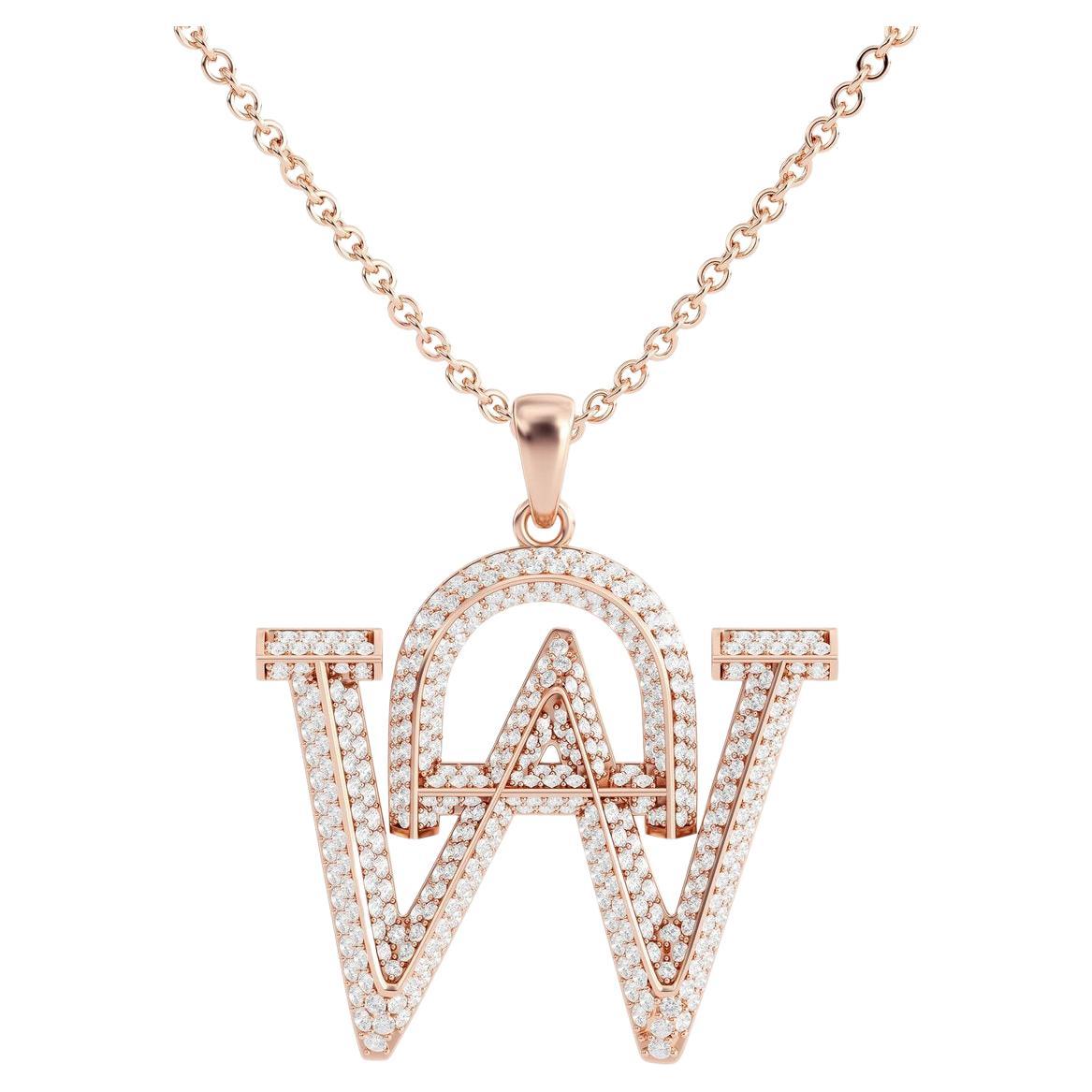 18k Yellow, White or Rose Gold Large Initial Pendant w Pave Diamonds Chain For Sale