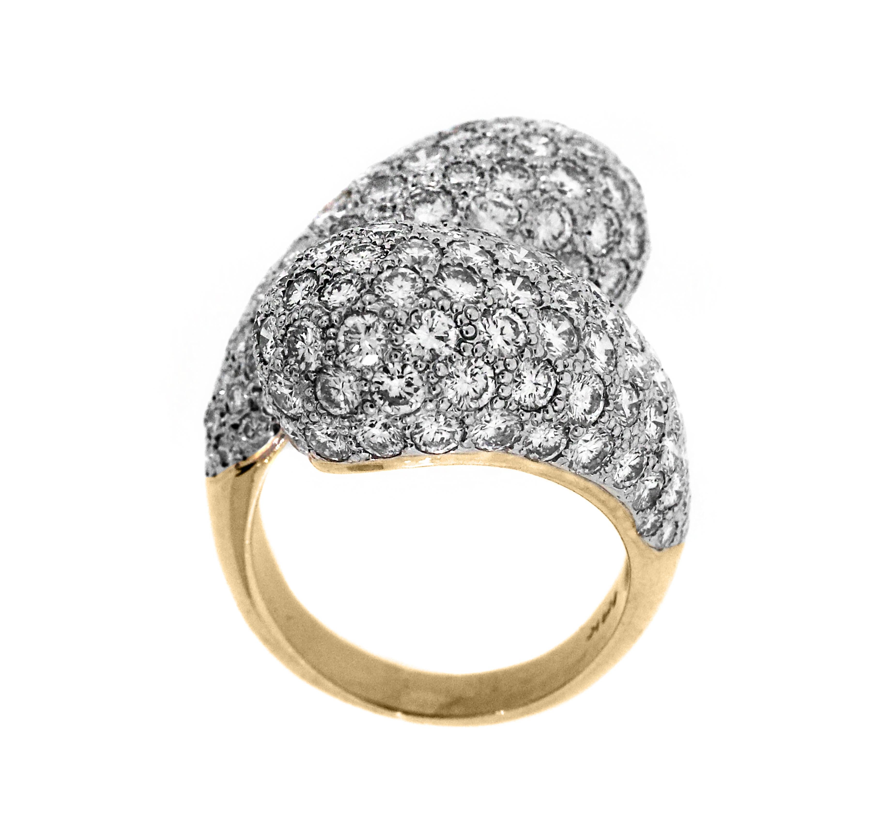 Contemporary 18 Karat Yellow White Two-Tone Gold Diamond Crossover Bypass Ring
